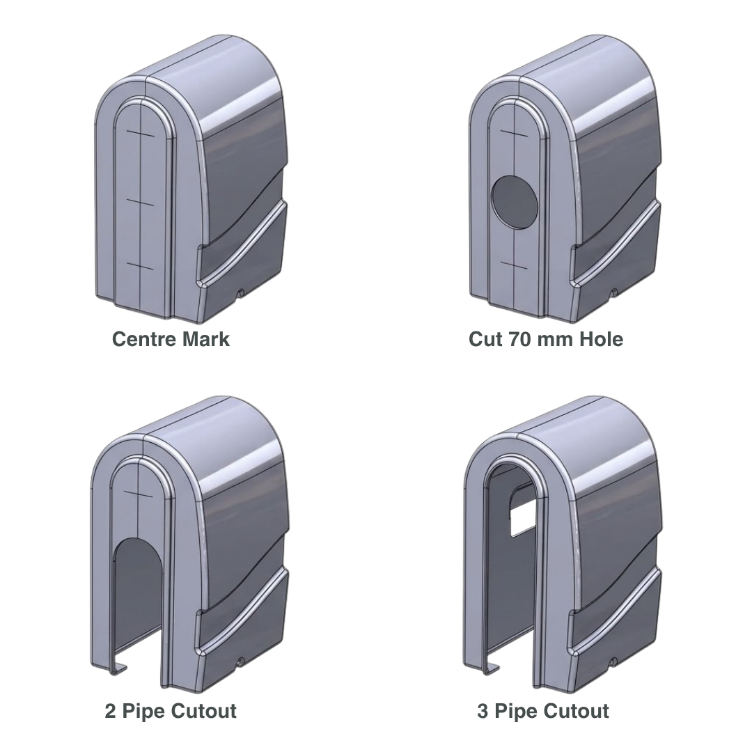 4-step CAD diagram demonstrating pipe cutout options for the Protec spa bath pump cover, including Centre Mark, Cut 70 mm Hole, 2 Pipe Cutout, and 3 Pipe Cutout, isolated on white.