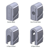 4-step CAD diagram demonstrating pipe cutout options for the Protec spa bath pump cover, including Centre Mark, Cut 70 mm Hole, 2 Pipe Cutout, and 3 Pipe Cutout, isolated on white.