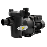 Zodiac FloPro single speed pool pump in black housing on a plain white background, highlighting the integrated lint pot lid and clear structural markings.