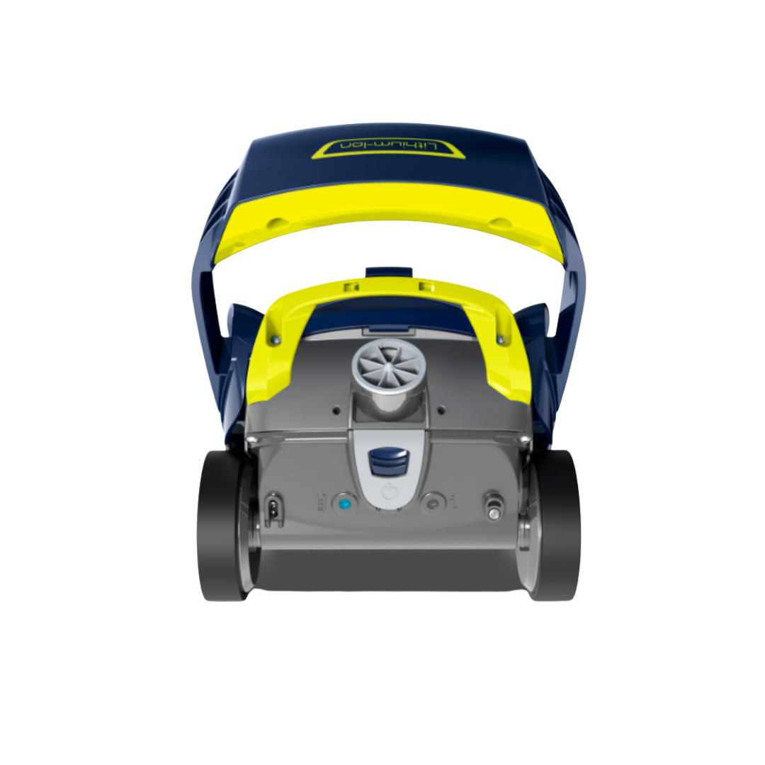 Straight-on rear elevation studio view of the Zodiac SPABOT™ SB1000 robotic spa cleaner on an isolated white background, displaying its lithium-ion battery housing, rear power button and charging port control panel, bright yellow trim accents, dark blue top handle, and dual wheels.