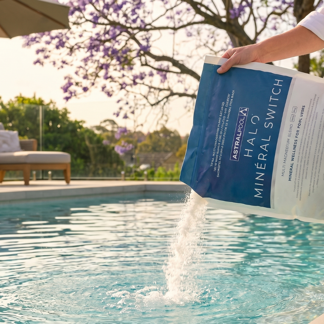 Close-up of a person pouring AstralPool Halo Mineral Switch multi-magnesium blend directly into a crystal clear swimming pool at sunset.