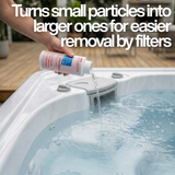 A person pouring clear liquid from a bottle of BioGuard SPA Crystal Clear water clarifier directly into a bubbling hot tub. Large white text overlay reads "Turns small particles into larger ones for easier removal by filters," illustrating how the spa clarifier aids filtration.