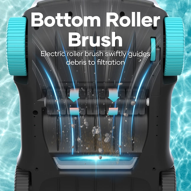 Promotional graphic for the Aiper Scuba L1 robotic pool cleaner showing the underside view, demonstrating how the electric bottom roller brush swiftly guides debris into the filtration intake system.