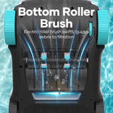 Promotional graphic for the Aiper Scuba L1 robotic pool cleaner showing the underside view, demonstrating how the electric bottom roller brush swiftly guides debris into the filtration intake system.