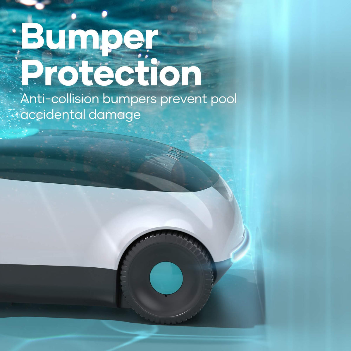 Promotional graphic for the Aiper Scuba L1 robotic pool cleaner highlighting Bumper Protection, showing anti-collision bumpers designed to prevent accidental damage to pool walls submerged underwater.