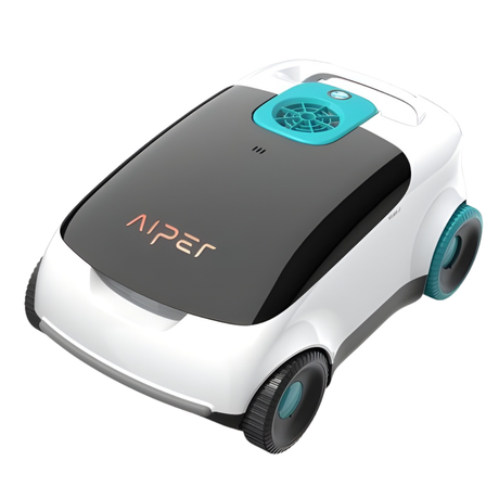 Front three-quarter studio view of an Aiper Scuba L1 robotic pool cleaner, featuring a white and black chassis, four wheels with aqua trim, a top aqua power dial and outlet vent, and Aiper branding isolated on white.