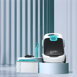Studio product display of the Aiper Scuba L1 robotic pool cleaner set on a pedestal alongside its included package accessories, featuring fine pleated filter panels, a retrieval hook, and power adapter charger on a light blue background.