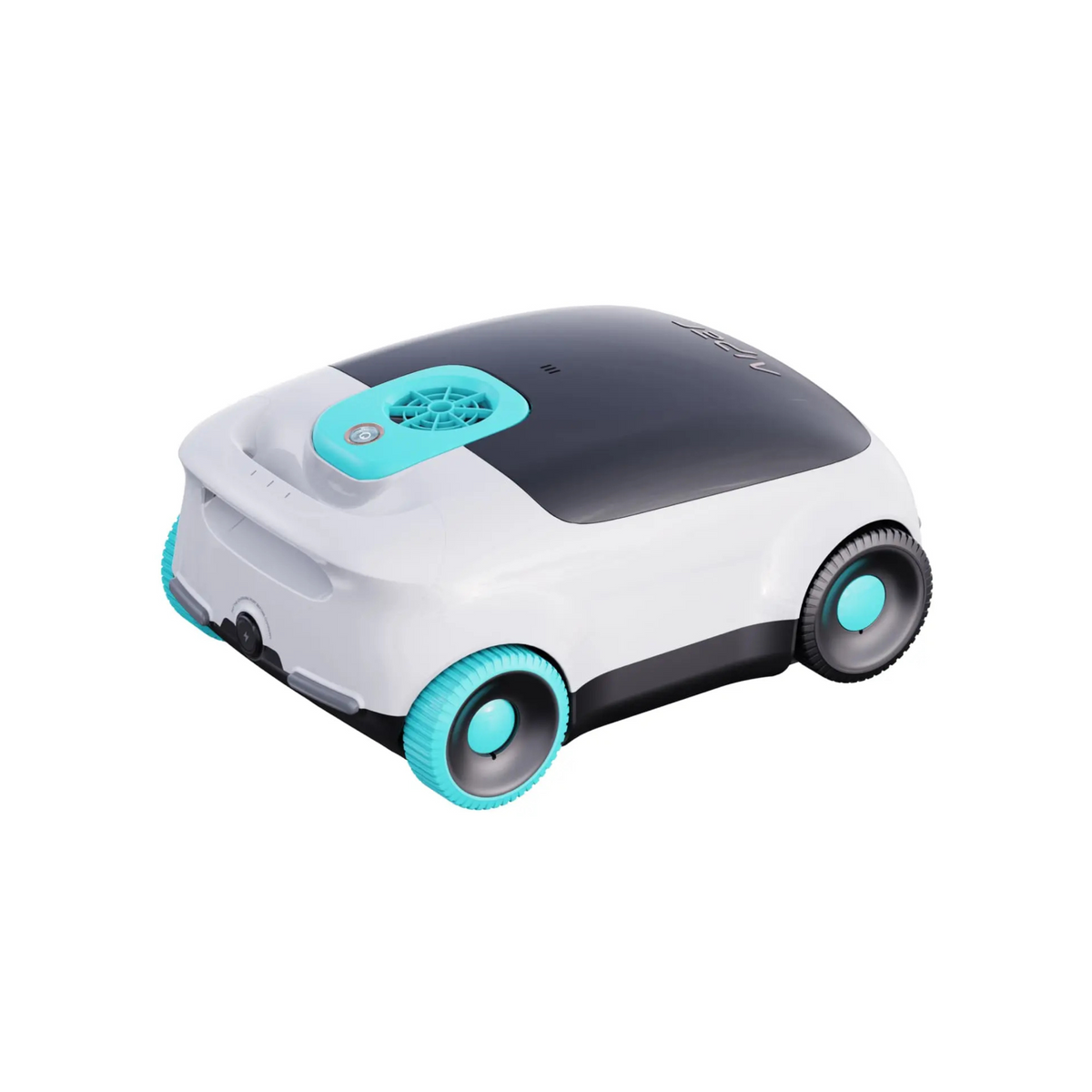 Rear three-quarter studio view of an Aiper Scuba L1 robotic pool cleaner, showing the rear charging port, LED status indicator lights, four wheels with aqua trim, top aqua power dial and outlet vent, and dark top cover isolated on white.