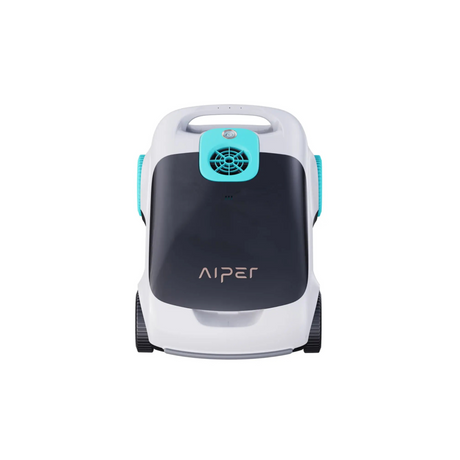 Direct top-down studio view of an Aiper Scuba L1 robotic pool cleaner, featuring a white top handle, central aqua circular power button and exhaust port, dark gray top hatch with Aiper branding, and side wheels isolated on white.