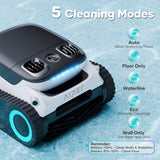 Promotional graphic for the Aiper Scuba N1 Pro robotic pool cleaner detailing 5 Cleaning Modes—Auto, Floor Only, Waterline, Eco, and Wall Only—alongside a battery reminder box set against a pool tile background.