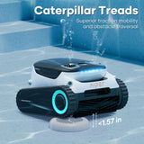 Promotional graphic for the Aiper Scuba N1 Pro robotic pool cleaner demonstrating Caterpillar Treads for superior traction, mobility, and obstacle traversal over pool drains under 1.57 inches on a pool tile surface.