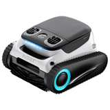 Front three-quarter studio view of an Aiper Scuba N1 Pro robotic pool cleaner, featuring caterpillar tracks with blue accents, front scrubbing brush, LED status light bar, top intake vents, and Aiper branding isolated on white.