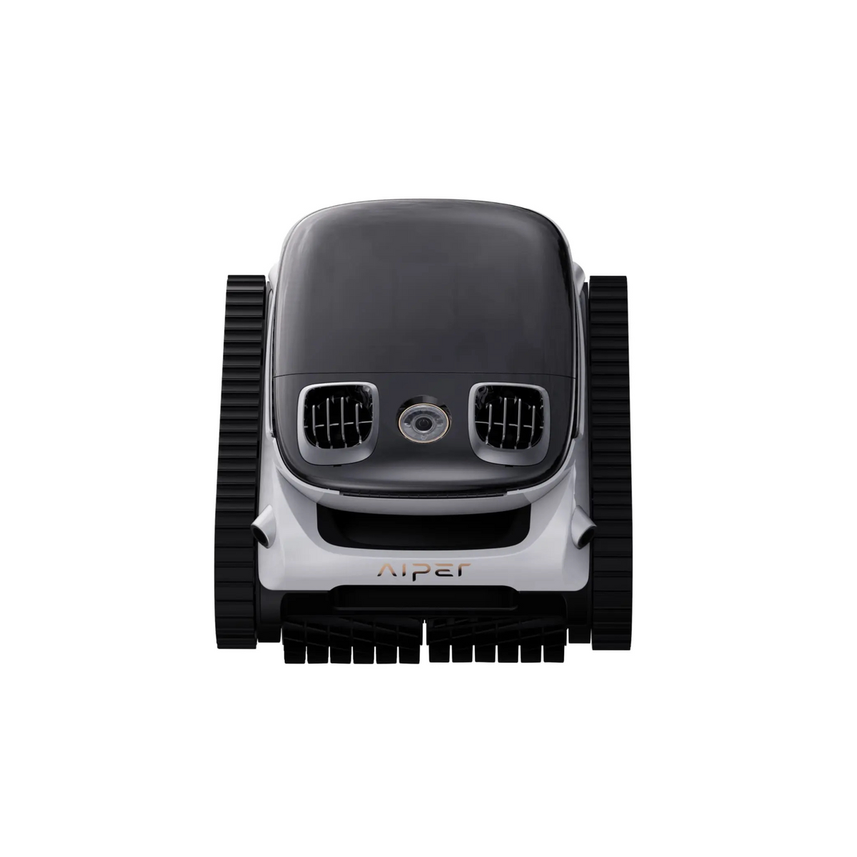 Direct front studio view of an Aiper Scuba N1 Pro robotic pool cleaner, showing dual intake vents, central sensor optic, front scrubbing roller brush, side caterpillar treads, and Aiper branding isolated on white.