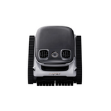 Direct front studio view of an Aiper Scuba N1 Pro robotic pool cleaner, showing dual intake vents, central sensor optic, front scrubbing roller brush, side caterpillar treads, and Aiper branding isolated on white.