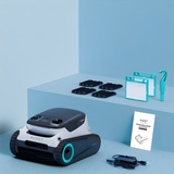 Studio product display of the Aiper Scuba N1 Pro robotic pool cleaner surrounded by its included package accessories, featuring extra filter panels with blue frames, replacement tread pads, a retrieval hook, power adapter charger, and user manual on a light blue background.