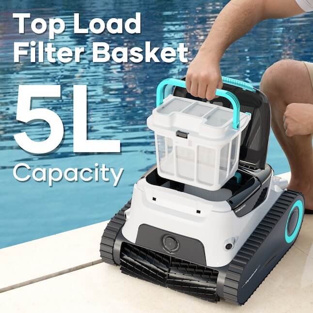 Infographic showing a person lifting the top-load 5-liter capacity filter basket by its blue handle out of an Aiper Scuba N1 Pro robotic pool cleaner resting poolside.