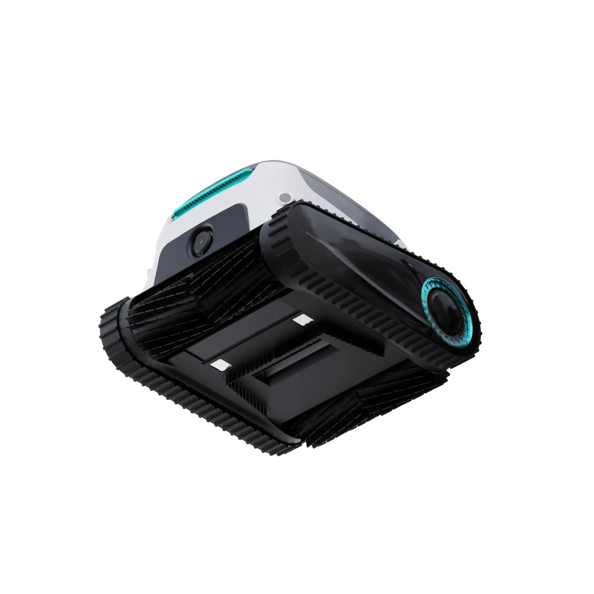 Low-angle bottom three-quarter studio view of an Aiper Scuba N1 Pro robotic pool cleaner, showing the underside suction inlet, dual scrubbing roller brushes, caterpillar drive tracks, and LED accent lighting isolated on white.