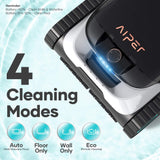 Promotional graphic for the Aiper Scuba N1 robotic pool cleaner detailing 4 Cleaning Modes—Auto, Floor Only, Wall Only, and Eco—alongside a battery reminder note set against a pool water background.