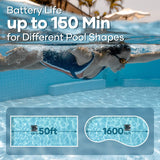 Promotional graphic for the Aiper Scuba N1 robotic pool cleaner highlighting battery life up to 150 minutes, suitability for different pool shapes, max pool length up to 50 ft, and cleaning coverage area up to 1,600 sq ft, featuring a swimmer in the background.