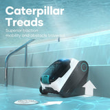 Promotional graphic for the Aiper Scuba N1 robotic pool cleaner demonstrating Caterpillar Treads for superior traction, mobility, and obstacle traversal while climbing underwater pool steps alongside a handrail.