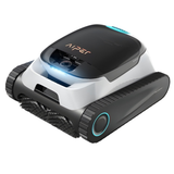 Front three-quarter studio view of an Aiper Scuba N1 robotic pool cleaner, featuring caterpillar treads with blue accents, front scrubbing brush, LED status light bar, and top Aiper branding isolated on white.
