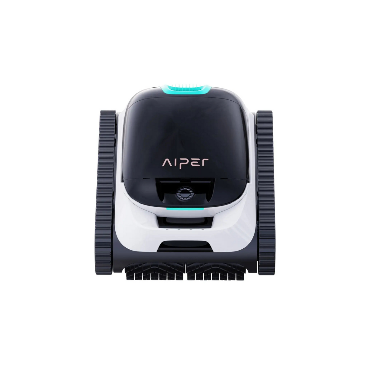 Direct front studio view of an Aiper Scuba N1 robotic pool cleaner, featuring central sensor optic, front scrubbing roller brush, side caterpillar treads, top LED accent trim, and Aiper branding isolated on white.