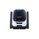 Direct front studio view of an Aiper Scuba N1 robotic pool cleaner, featuring central sensor optic, front scrubbing roller brush, side caterpillar treads, top LED accent trim, and Aiper branding isolated on white.