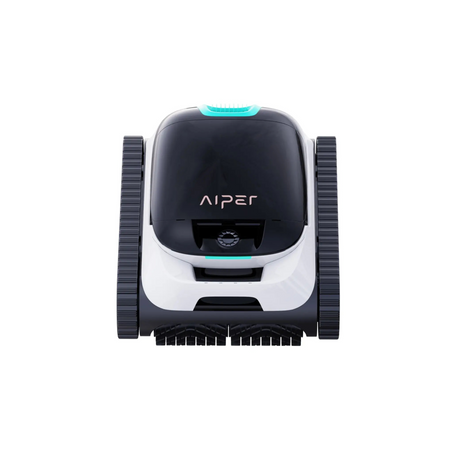Direct front studio view of an Aiper Scuba N1 robotic pool cleaner, featuring central sensor optic, front scrubbing roller brush, side caterpillar treads, top LED accent trim, and Aiper branding isolated on white.