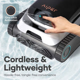 Promotional graphic for the Aiper Scuba N1 robotic pool cleaner highlighting Cordless & Lightweight hassle-free convenience, featuring a close-up of a finger pressing the central dial for One-click Activation submerged underwater.