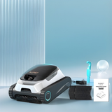 Studio product display of the Aiper Scuba N1 robotic pool cleaner surrounded by its included package accessories, featuring replacement tread pads, a retrieval hook, power adapter charger, and user manual on a light blue background.