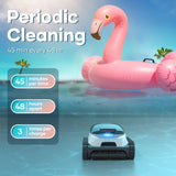 Promotional graphic for the Aiper Scuba N1 robotic pool cleaner illustrating Periodic Cleaning (Eco Mode) performance—45 minutes per time, 48 hours apart, for 3 times per charge—underwater with a pink inflatable flamingo pool float above.