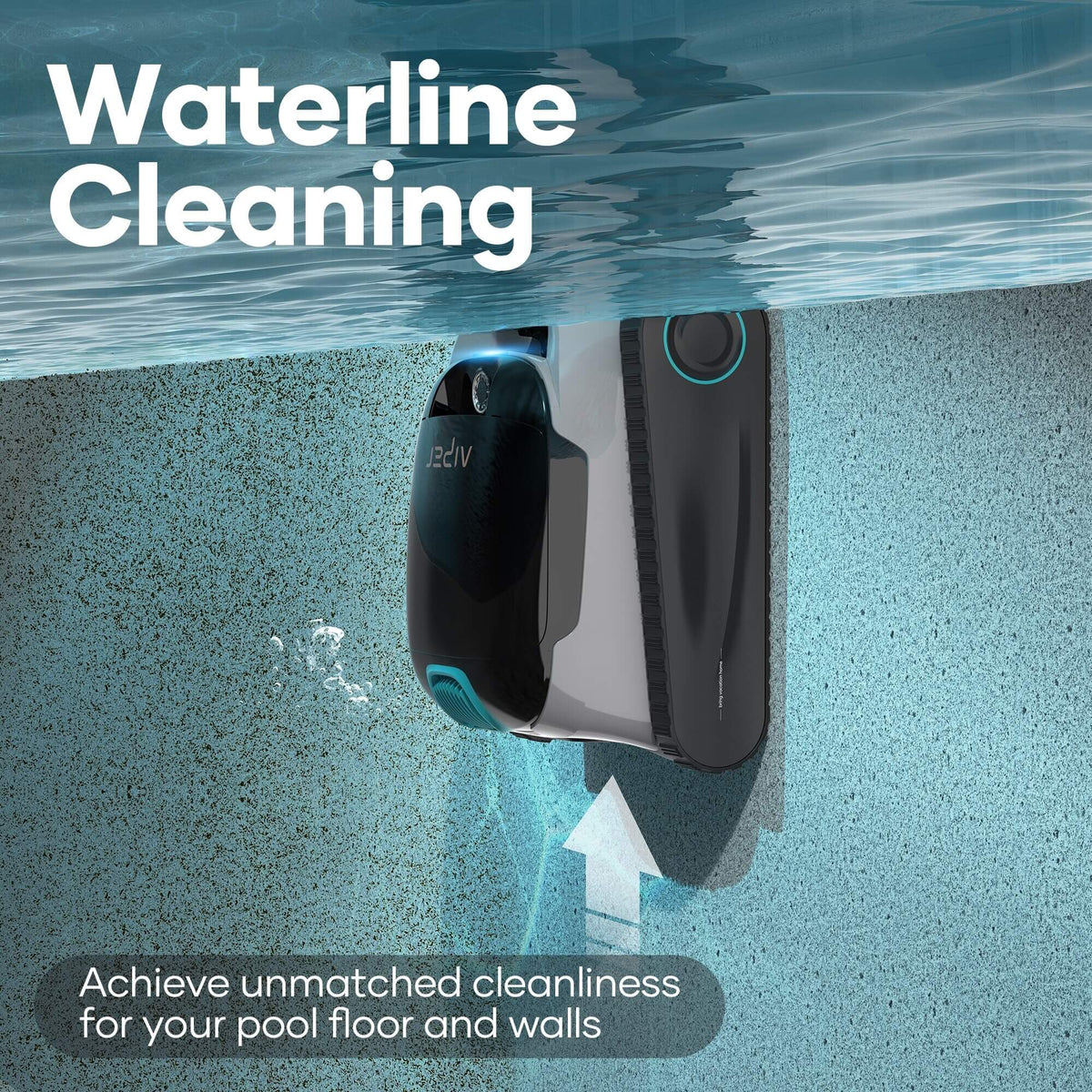 Promotional graphic for the Aiper Scuba N1 robotic pool cleaner demonstrating Waterline Cleaning as it climbs a pool wall to scrub the tile line, with callout text emphasizing cleanliness for pool floors and walls.