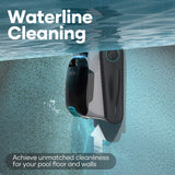 Promotional graphic for the Aiper Scuba N1 robotic pool cleaner demonstrating Waterline Cleaning as it climbs a pool wall to scrub the tile line, with callout text emphasizing cleanliness for pool floors and walls.