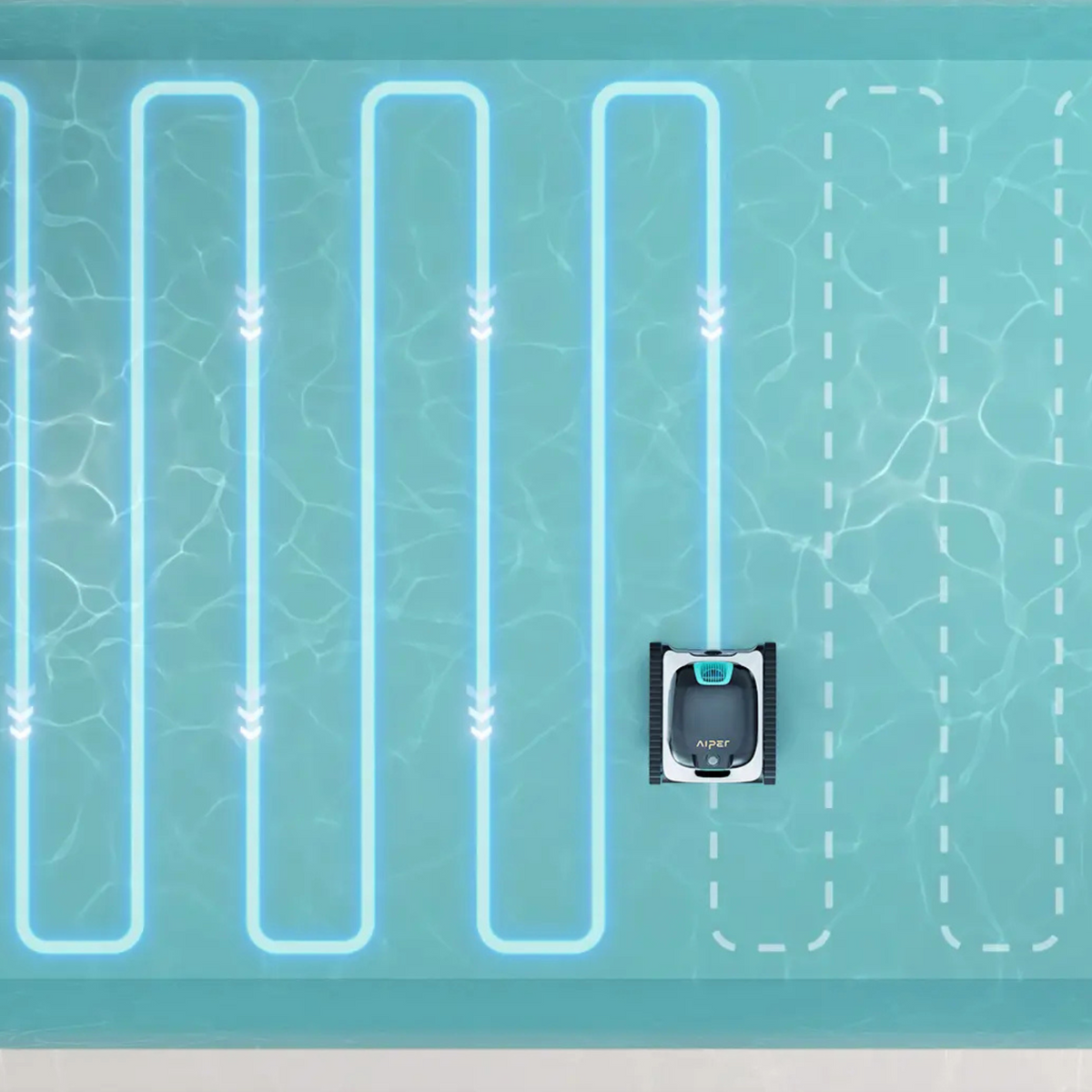 Top-down graphic view of an Aiper Scuba N1 robotic pool cleaner navigating a systematic S-shaped cleaning path across a blue pool surface.