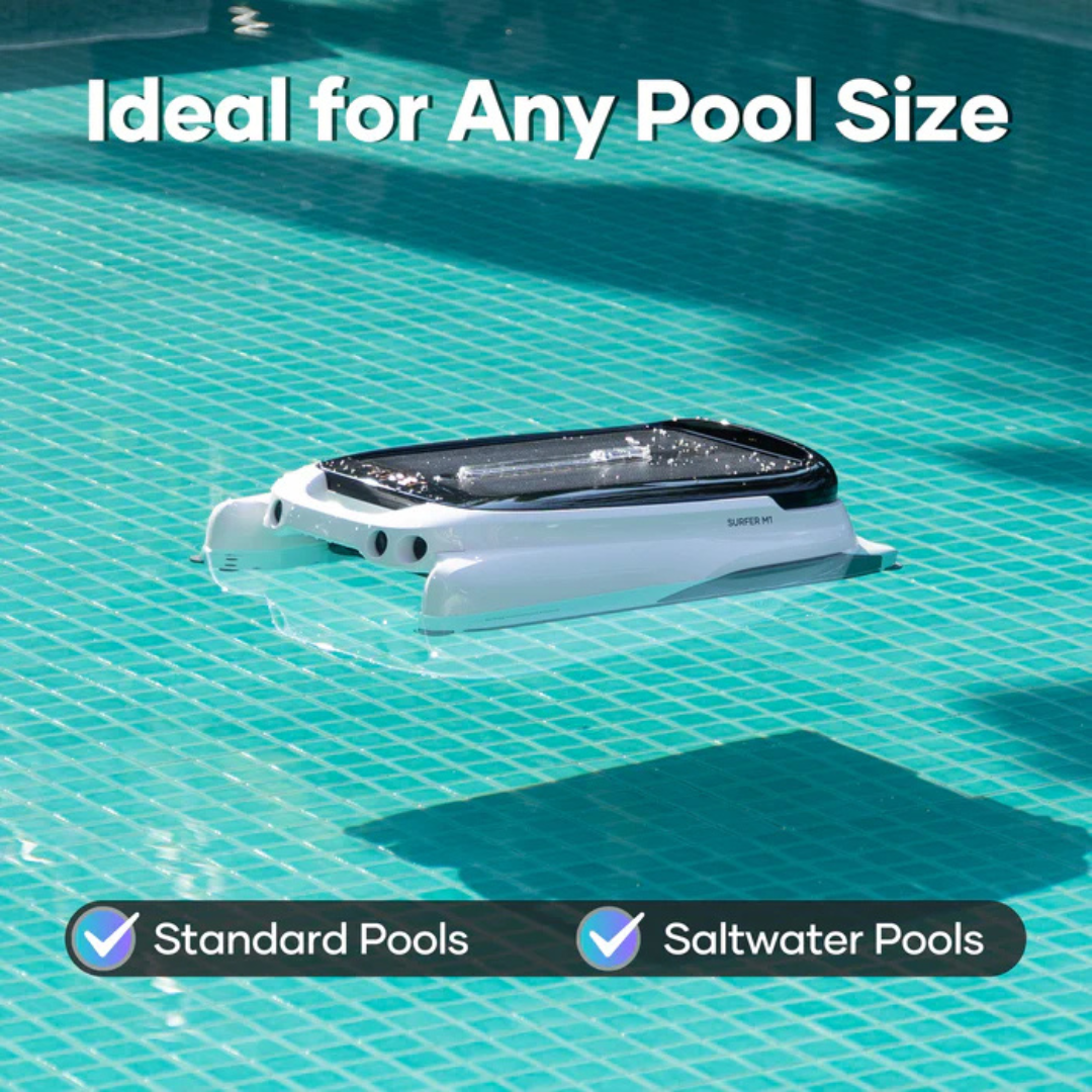 Infographic lifestyle view showing the Aiper Surfer M1 robotic pool skimmer skimming on clear pool water, highlighting its compatibility with all pool sizes as well as standard and saltwater pools.