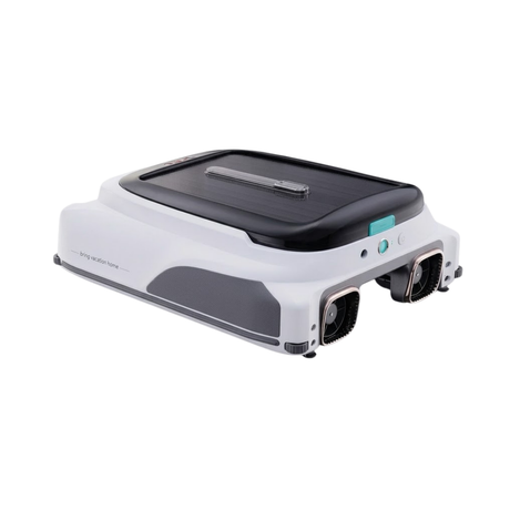 Studio product view of the Aiper Surfer M1 robotic pool skimmer on an isolated white background, showing its rear three-quarter angle with twin paddle wheel thrusters, teal release latch, power button, and top solar panel.
