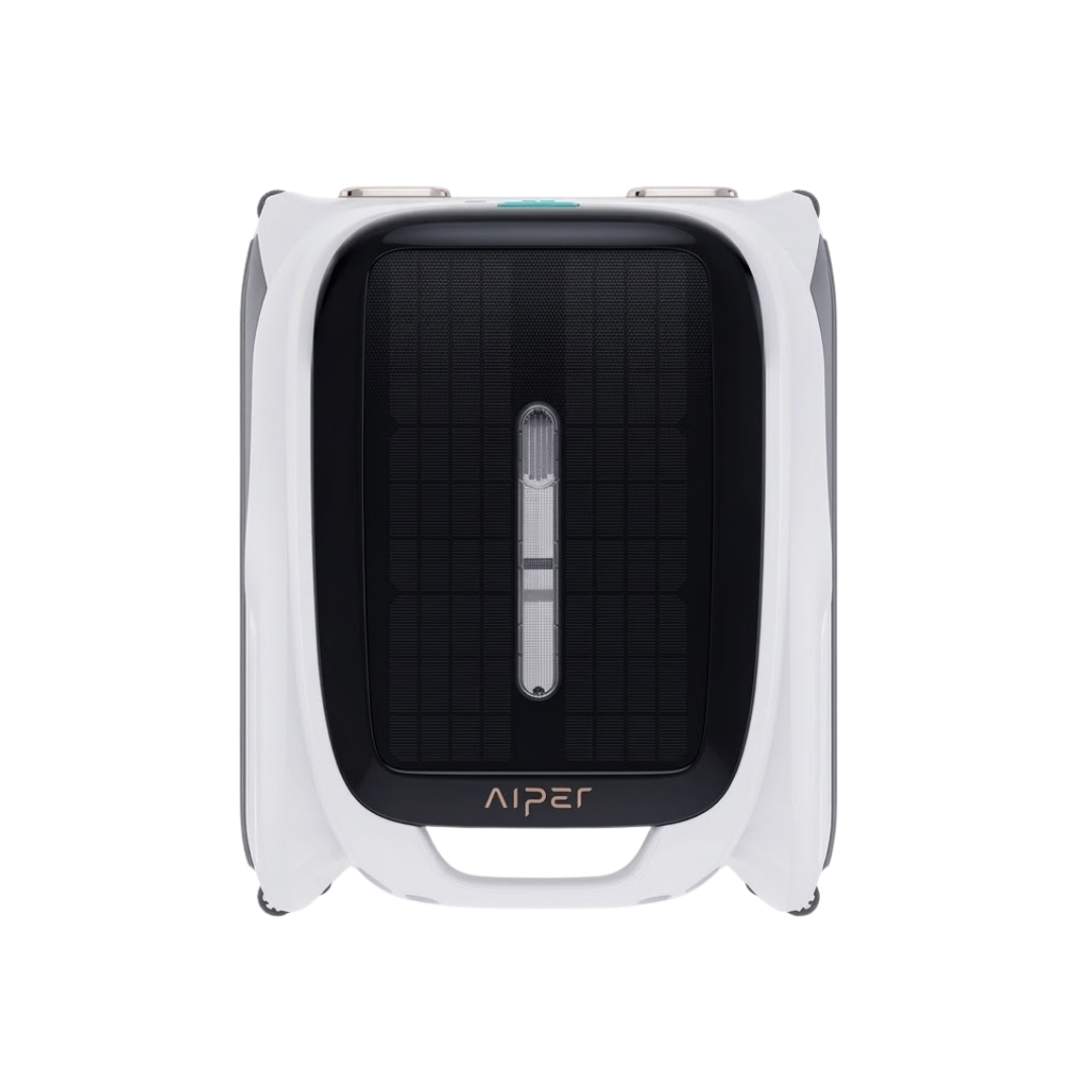 Top-down studio product view of the Aiper Surfer M1 robotic pool skimmer on an isolated white background, highlighting its large rectangular solar panel grid, central handle grip, white housing, and Aiper branding.