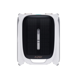 Top-down studio product view of the Aiper Surfer M1 robotic pool skimmer on an isolated white background, highlighting its large rectangular solar panel grid, central handle grip, white housing, and Aiper branding.