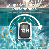 Infographic lifestyle view highlighting superior battery performance for the Aiper Surfer M1 robotic pool skimmer, showing top-down view of the unit skimming leaves off blue pool water framed by a circular clock graphic indicating up to 12 hours of solar-powered cleaning efficiency.