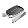 Studio product view of the Aiper Surfer S1 solar-powered robotic pool skimmer on an isolated white background, featuring its white and black body, top solar panel, front ultrasonic sensors, and side bumper wheels.