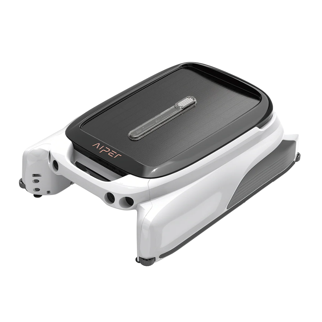 Studio product view of the Aiper Surfer S1 solar-powered robotic pool skimmer on an isolated white background, featuring its white and black body, top solar panel, front ultrasonic sensors, and side bumper wheels.