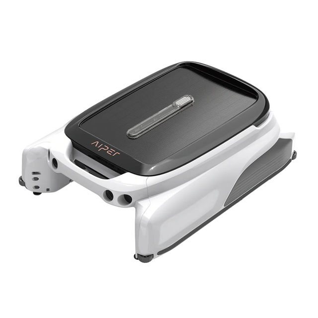Studio product view of the Aiper Surfer S1 solar-powered robotic pool skimmer on an isolated white background, featuring its white and black body, top solar panel, front ultrasonic sensors, and side bumper wheels.