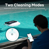 Infographic lifestyle view illustrating two cleaning modes (Automatic and Manual) for the Aiper Surfer S1 robotic pool skimmer, featuring a man controlling the skimmer in a swimming pool using the remote steering interface on a smartphone app.
