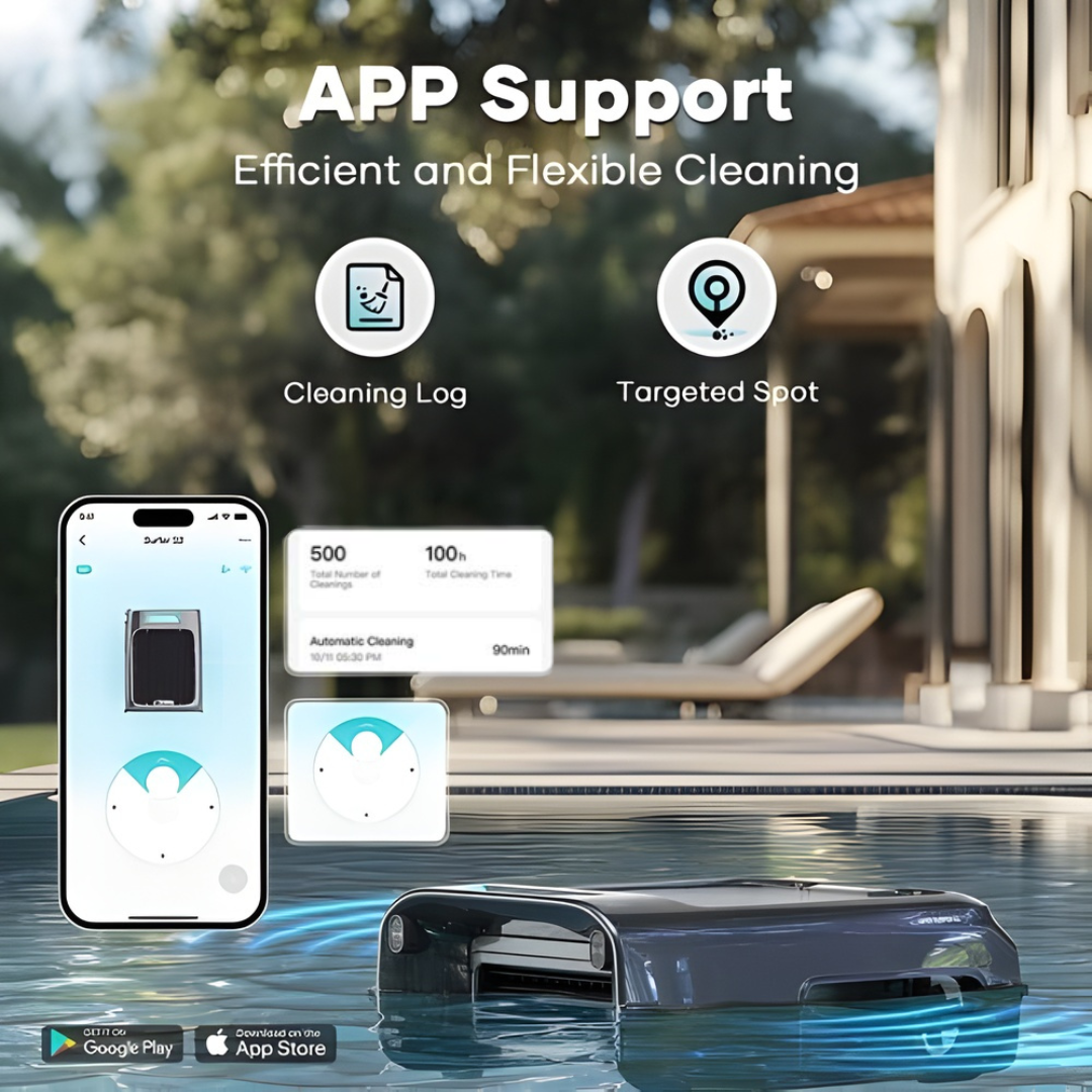Infographic lifestyle view showing the Aiper Surfer S2 robotic pool skimmer floating in a pool with app support interface callouts overlaying a smartphone, highlighting features such as Cleaning Log and Targeted Spot mode.