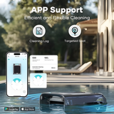 Infographic lifestyle view showing the Aiper Surfer S2 robotic pool skimmer floating in a pool with app support interface callouts overlaying a smartphone, highlighting features such as Cleaning Log and Targeted Spot mode.
