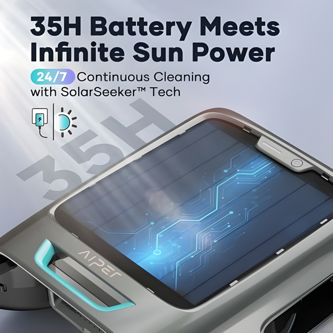 Infographic graphic highlighting the battery and solar performance of the Aiper Surfer S2 robotic pool skimmer, featuring a close-up of its top solar panel and circuit graphics, emphasizing a 35-hour battery life, SolarSeeker Tech, and 24/7 continuous cleaning capability.