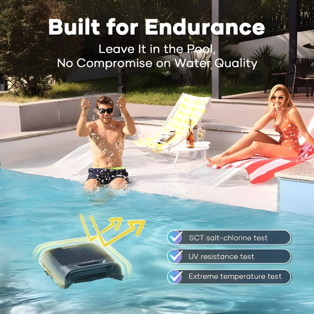Infographic lifestyle view showing the Aiper Surfer S2 robotic pool skimmer skimming in a swimming pool near people relaxing, highlighting its endurance features including SCT salt-chlorine testing, UV resistance, and extreme temperature testing.