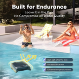 Infographic lifestyle view showing the Aiper Surfer S2 robotic pool skimmer skimming in a swimming pool near people relaxing, highlighting its endurance features including SCT salt-chlorine testing, UV resistance, and extreme temperature testing.