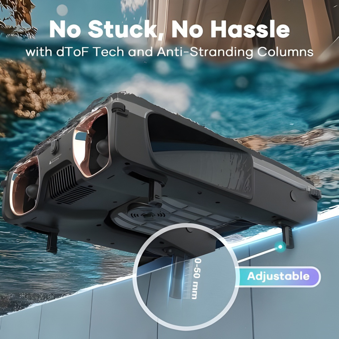Infographic low-angle view of the Aiper Surfer S2 robotic pool skimmer in water, highlighting its dToF obstacle avoidance technology and adjustable 0–50 mm anti-stranding columns designed to prevent getting stuck.