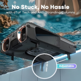 Infographic low-angle view of the Aiper Surfer S2 robotic pool skimmer in water, highlighting its dToF obstacle avoidance technology and adjustable 0–50 mm anti-stranding columns designed to prevent getting stuck.